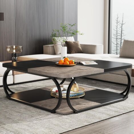Tribesigns Mesa auxiliar con estante de almacenamiento abierto para sala de estar, mesa central grande de madera de 39 pulgadas, mesas de centro cuadradas bajas, mesa de té de granja de 2 niveles con