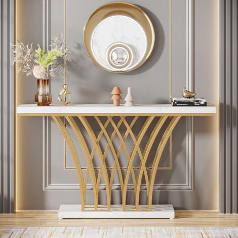 Tribesigns Mesa consola dorada, 150 x 29,5 x 80 cm, moderna mesa de entrada con base metálica en forma de rejilla para entrada, pasillo, vestíbulo, sala de estar (mármol sintético blanco y dorado) (1/5)