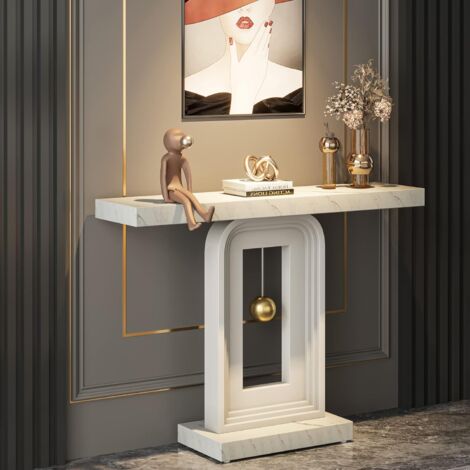 Tribesigns Mesa Consola Moderna, 100cm Mesas Muebles de Entrada de Madera con Base en Forma de Péndulo, Recibidores de Entrada de Estampado en mármol Blanca para del Salón