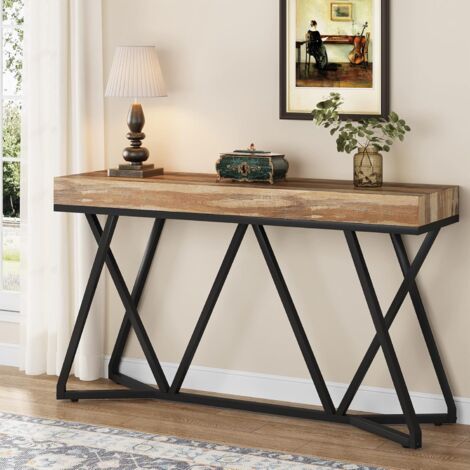 Tribesigns Mesa Consola de 140 cm, sofá de Granja, Mesa de Entrada de Madera con Base de Metal única, pequeña Mesa de exposición, Mesa de vestíbulo, Mesa de Pasillo Industrial para Pasillo (Madera)