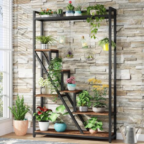 Tribesigns Soporte para plantas de interior de 70.9 pulgadas de alto, estante grande de 7 niveles con 5 ganchos en S, soporte de flores de madera industrial para interiores, jardín, balcón, sala de