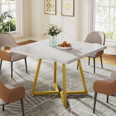 Tribesigns Mesa de comedor cuadrada para 2, mesa de comedor moderna de 80 cm con base de metal, mesa de cocina para comedor, espacio pequeño, apartamento, blanco y dorado (1/5)