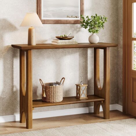 Tribesigns Mesa de entrada de 105 cm con estante, moderna mesa consola de 2 niveles con patas de madera maciza para salón, pasillo, vestíbulo, fácil montaje, madera de nogal claro