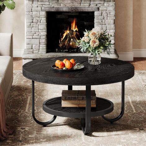 Tribesigns Mesa Auxiliar Redonda para Sala de Estar, Mesa Central de 2 Niveles con Estante de Almacenamiento, té Industrial de cóctel de 80 cm con Patas de Metal curvadas Resistentes (Negro) (1/5)