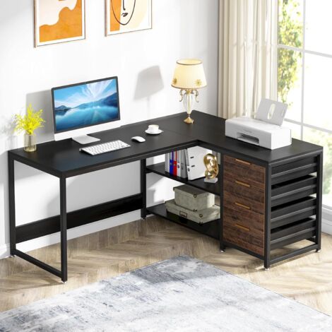 Tribesigns Escritorio con Noir Cajones, 150x110x75cm Escritorio en Forma de L con 4 cajones para Archivos y estantes, Mesa de PC Reversible para Oficina en Casa