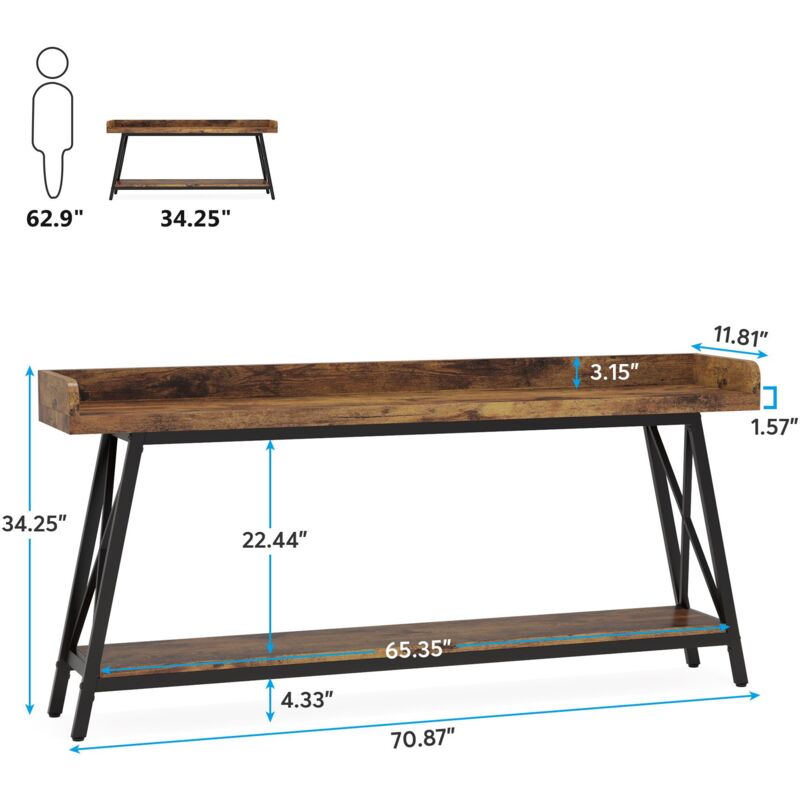 YATINEY Tavolo Consolle Lungo 180 Cm Con 2 Ripiani | Stretto Per Ingresso E Soggiorno, Design Industriale, Marrone E Nero, CT18BR