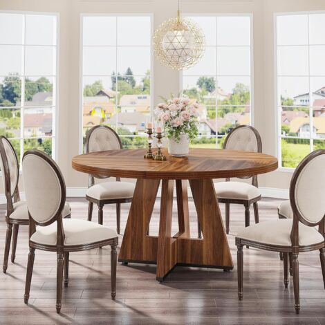 Tribesigns Tavolo Da Pranzo Rotondo 120 Cm Per 4-6 Persone - Moderno Con Base In Metallo, Marrone, Per Cucina E Soggiorno
