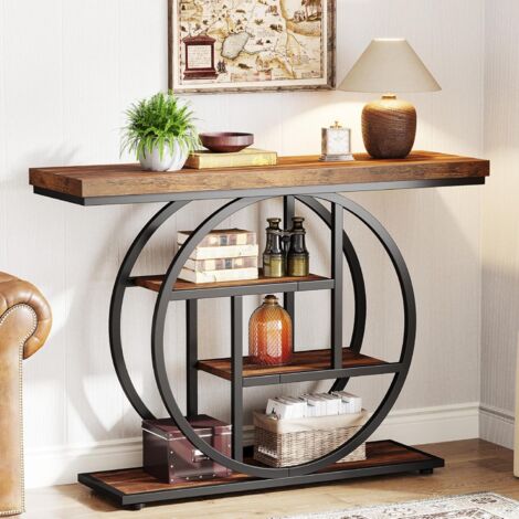 Tribesigns Tavolo consolle industriale a 4 ripiani da 104,9 cm, tavolo da ingresso con base circolare, tavoli stretti in legno con ripiani portaoggetti per soggiorno, corridoio, atrio, marrone rustico