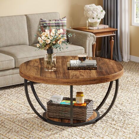 HOJINLINERO Tavolino rotondo, tavolino,tavolino da caffè,base in metallo e un tavolo in legno, design industriale e scandinavo, tavolo da soggiorno, moderno, nero