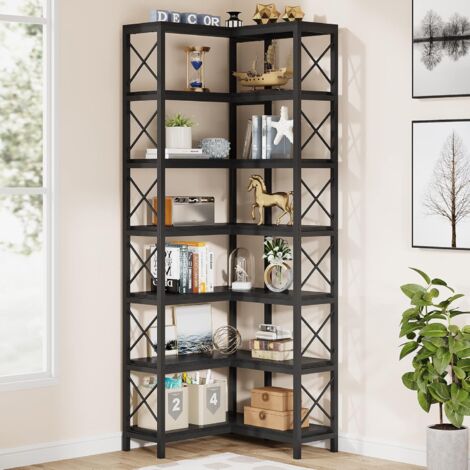 Libreria Angolare IRONCK 7 Ripiani: Scaffale Industriale In Metallo E Legno, Marrone Vintage