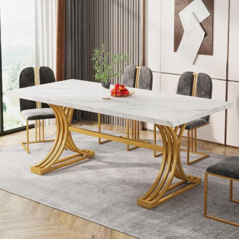 Tribesigns Tavolo da pranzo da 4 a 6, 160 x 80 cm, moderno tavolo da cucina con piano in finto marmo e eleganti gambe in metallo, grandi tavoli da pranzo per sala da pranzo, cucina, bianco e oro