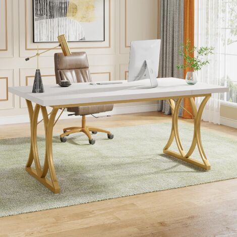 Scrivania da ufficio moderna Tribesigns, scrivania per computer in legno da 70,9, scrivania direzionale con gambe in metallo dorato, grande postazione di lavoro per ufficio domestico  1503