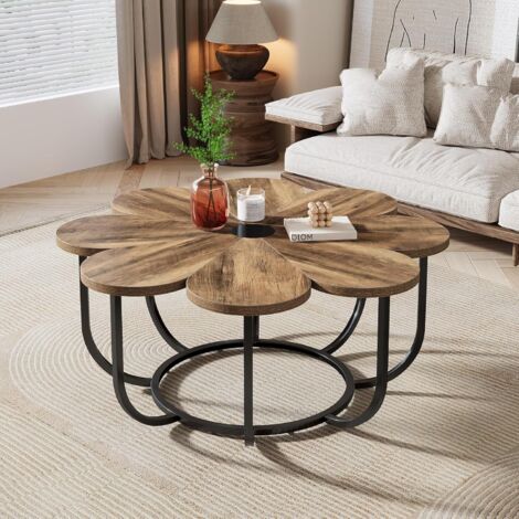 Tribesigns Tavolino da Caffè, 100 cm Tavolino Moderno a Forma di Fiore, Tavolino d'accento Floreale con Struttura in Metallo, Tavolino da Divano per Soggiorno, Marrone e Nero