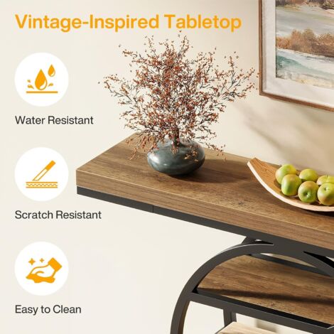 Tavolo Consolle Industriale 104 Cm Grigio | 4 Ripiani Sfalsati Con Base Circolare, Tavolino Da Ingresso In Legno E Metallo