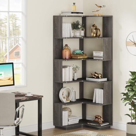 Libreria Angolare 5 Ripiani H.161 Cm | Scaffale Salvaspazio In Laminato Grigio | Mobile Per Libri E Complementi