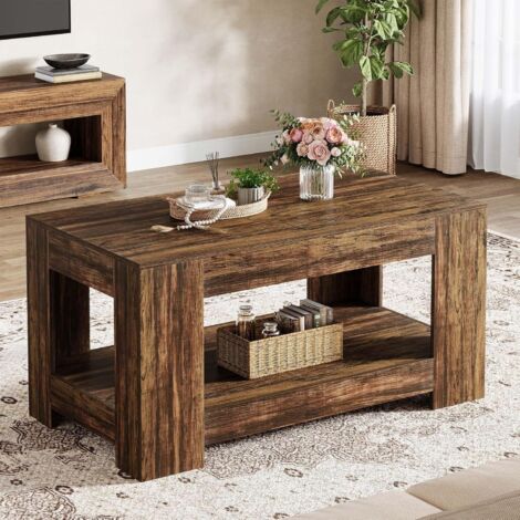 Tribesigns Tavolino Da Caffè Rettangolare In Legno 119 Cm, Stile Rustico, Con Base A H E Angoli Arrotondati, Marrone - 2