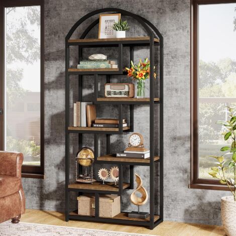 Tribesigns Libreria alta 180 cm 7 piani in stile industriale con struttura geometrica in metallo e ripiani aperti, scaffale autoportante per casa, soggiorno, marrone