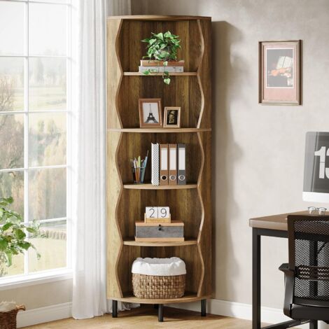 Tribesigns Scaffale angolare a 5 ripiani, altezza 180 cm, elegante libreria in legno per piccoli spazi, soggiorno, camera da letto, cucina, marrone rustico