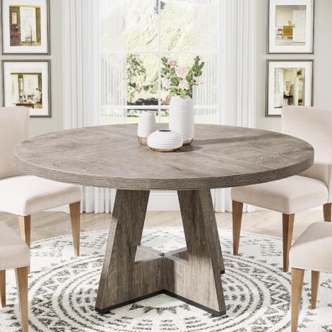 Tribesigns Tavolo da pranzo rotondo in legno per sala da pranzo, tavolo da cucina per 4 adulti, tavolo da pranzo rustico con piano in legno e base a croce, grigio rustico