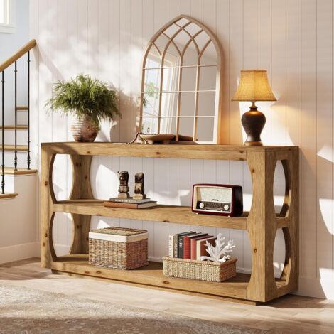 Tribesigns Tavolo consolle in legno massiccio, 160 cm, extra lungo, a 2 livelli, sottile, per ingresso, corridoio, corridoio, foyer, marrone rustico