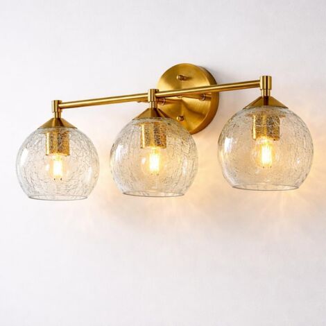 Tribesigns Applique Bagno 3 Luci, Lampada da Specchio Dorata con Sfere in Vetro Craquelé, Applique Murale E27 con Lampadine Incluse, Larghezza 43 cm, Illuminazione Moderna per Specchio Bagno, Lavabo, 