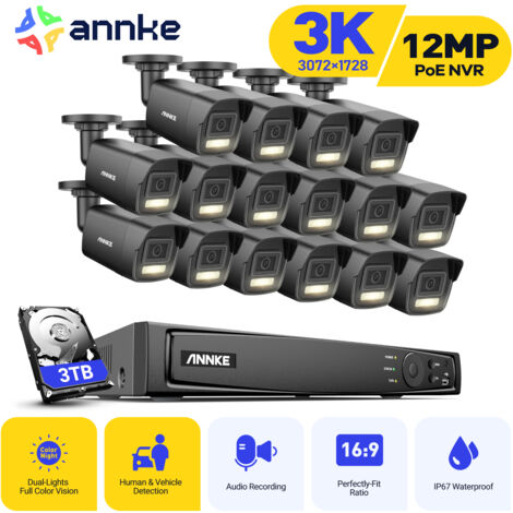 ANNKE 3K Filaire Kit de Vidéosurveillance Extérieure,16CH NVR et 16X5MP Caméra PoE,Détection Humaine/Véhicule,Couleur Vision Nocturne,Double Lumière Intelligente,3TB HDD (1/5)