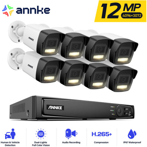 ANNKE Kit de vidéosurveillance PoE 16 canaux 12 MP, détection intelligente des personnes et des véhicules, caméra IP extérieure PoE étanche 8 x 12 MP, enregistrement 24h/7, vision nocturne couleur