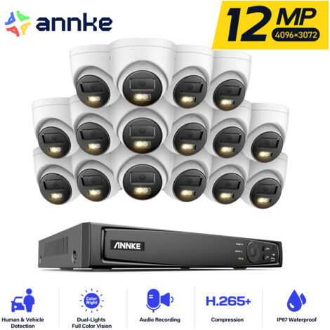ANNKE Kit de vidéosurveillance extérieure 12 MP, 16 caméras extérieures PoE 12 MP avec audio, détection de personnes/véhicules NVR 16 canaux, vision nocturne couleur 1 To