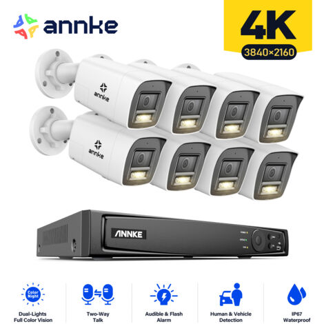 ANNKE 4K Kit de Vidéosurveillance Exterieure 8CH NVR 8×Caméras Intelligente Double Lumière Audio 2 Voies,Vision Nocturne,Détection Mouvement Kit Caméra de Surveillance Filaire Distance