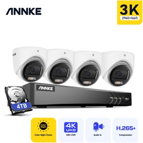 ANNKE Kit Caméras de Vidéosurveillance Tourelle Extérieures Filaires,8CH 3K H.265+DVR et 4 Caméras 5MP,Vision Nocturne Couleur,Accès à Distance,4TB HDD