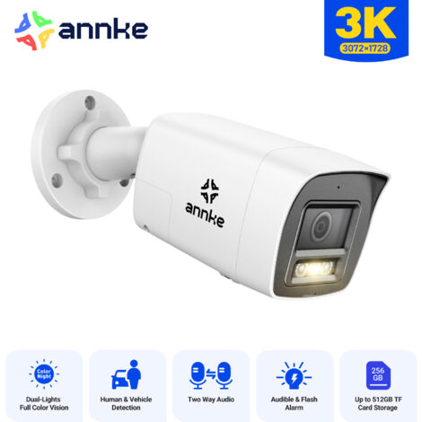 ANNKE Caméra PoE 3K,caméras de surveillance 3K à 20 ips pour la sécurité à domicile, détection humaine par IA, audio bidirectionnel, vision nocturne intelligente à double lumière