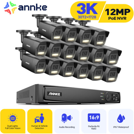 ANNKE 3K Filaire Kit de Vidéosurveillance Extérieure,16CH NVR et 16X5MP Caméra PoE,Détection Humaine/Véhicule,Couleur Vision Nocturne,Double Lumière Intelligente
