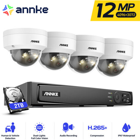 Annke – Caméra de surveillance extérieure 12MP PoE – Vision nocturne jusqu'à 30m – Détection de mouvement 2.0 – NVR 8CH avec stockage 2 To