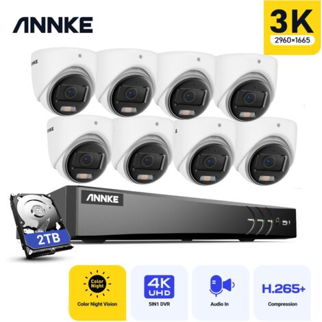 ANNKE 5MP Kit Caméras de Vidéosurveillance Tourelle Extérieures Filaires,8CH 3K H.265+DVR et 8 Caméras 5MP,Vision Nocturne Couleur,Accès à Distance,2TB HDD
