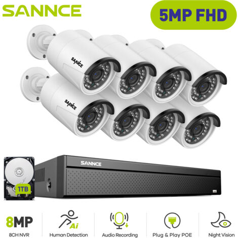SANNCE 5MP Kit caméra de vidéosurveillance,Outdoor 4K Security H.265+ PoE NVR Video 16CH Audio Video Surveillance System 8Camera - 1TB HDD (1/5)