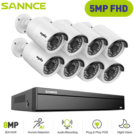 SANNCE 5MP Kit caméra de vidéosurveillance,Outdoor 4K H.265+ PoE NVR Video 16CH Audio Video Security Surveillance System 8Camera (1/5)