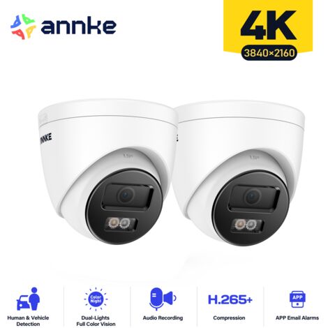 ANNKE 2 caméras dôme de surveillance intérieure/extérieure 4K, détection de personnes/véhicules, accès à distance, vision nocturne couleur (1/5)