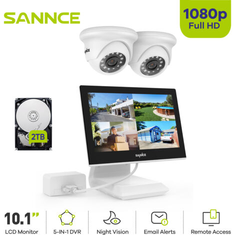 SANNCE 4CH Kits de Vidéosurveillance 10.1"Écran 21080P Caméra IR Vision Nocturne Informations Alarme Sécurité Surveillance Système Blanc - 2TB HDD (1/5)