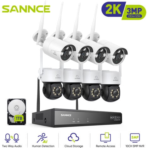 SANNCE 8CH Kit de Surveillance Vidéo Sans Fil IR Vision Nocturne Audio Bidirectionnelle Alerte Email Wifi Sécurité Caméra Système - 1TB