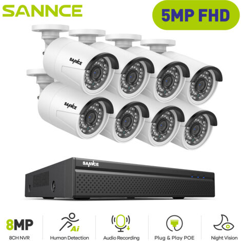 SANNCE 5MP Kit de Vidéosurveillance Exterieure 8×IP Caméras Smart IR Vision Nocturne H.265+ PoE Système de Caméra de Sécurité (1/5)