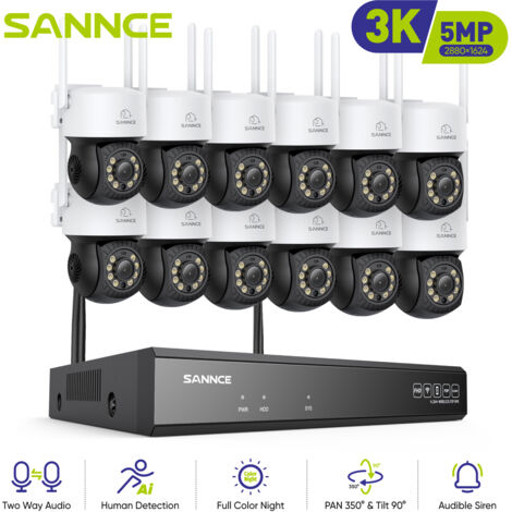 SANNCE Système de caméra de sécurité sans fil PT 5 Mpx 10 canaux avec audio bidirectionnel et détection de présence intelligente par IA (1/5)