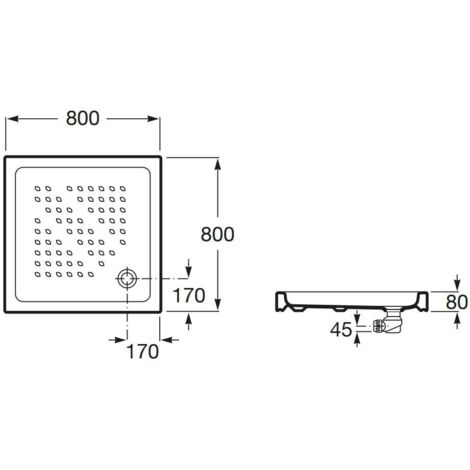 Roca – Receveur de douche carré en porcelaine 800x800 mm – Profondeur 80 mm – Écoulement 90 mm – Installation à poser