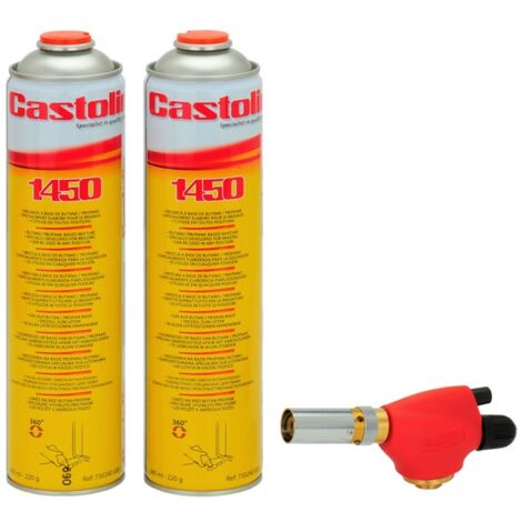 Castolin – Chalumeau soudeur à flamme bi-gaz avec 2 bouteilles de gaz type 1450 – Allumage piézoélectrique – Puissance 1750W pour brasage tendre