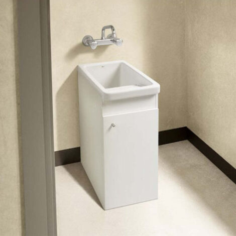 Roca – Meuble sous vasque simple avec lavabo encastré en porcelaine – Dimensions : 390x600x847 mm – Porte battante – Finition brillante