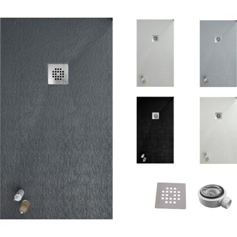 Receveur de douche ONE 80x160 - Matériau en résine avec charge minérale et texture ardoise C3 antidérapante - Comprend une vanne de vidange et une grille (1/5)