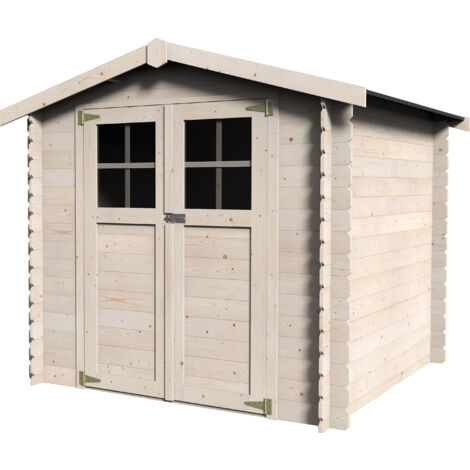 Décor Et Jardin – Abri de jardin en bois 209x209cm – Surface utile 3,42 m² – Épaisseur madriers 19 mm – Toiture en feutre bitumeux – Double porte vitrée (1/2)