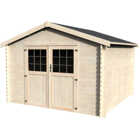 Abri de jardin bois FLOVENE 326x326 cm - Surface utile : 9 m² - Épaisseur : 28 mm - Couleur : Naturel (1/2)