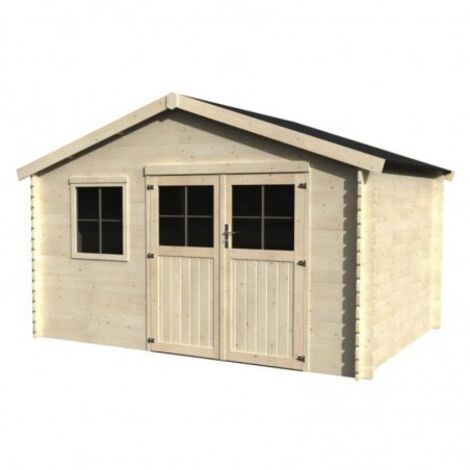 Décor Et Jardin – Abri de jardin bois 398x248 cm – Surface utile 8,28 m² – Épaisseur madriers 28 mm – Double porte vitrée – Toiture en feutre bitumeux