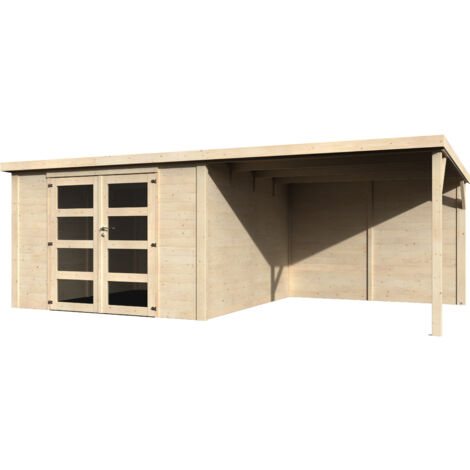 Décor Et Jardin – Abri de jardin bois 579x307 cm – Surface utile 8,94 m² – Épaisseur madriers 28 mm – Toiture en feutre bitumeux – Couleur naturelle