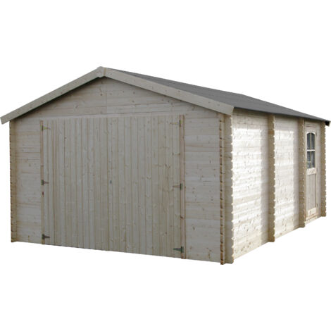 Décor Et Jardin – Garage en bois 386x519cm – Surface utile 17,75m² – Épaisseur madriers 34mm – Toiture en voliges 16mm avec feutre bitumé
